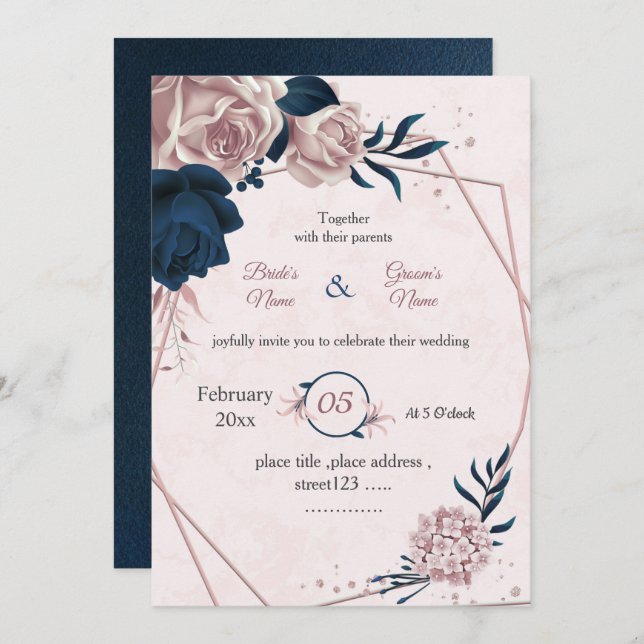 Invitation mariage géométrique botanique marine et rose (Devant / Derrière)