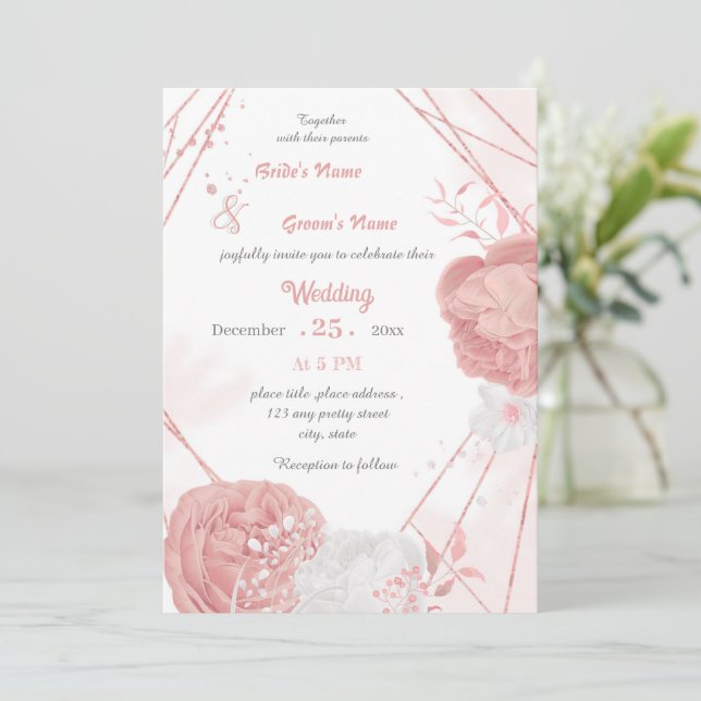 Invitation mariage géométrique botanique rose et blanc (Debout devant)