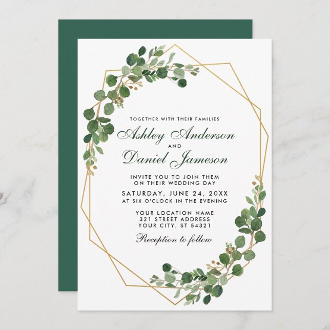 Invitation Mariage géométrique Botanique Vert Eucalyptus (Devant / Derrière)