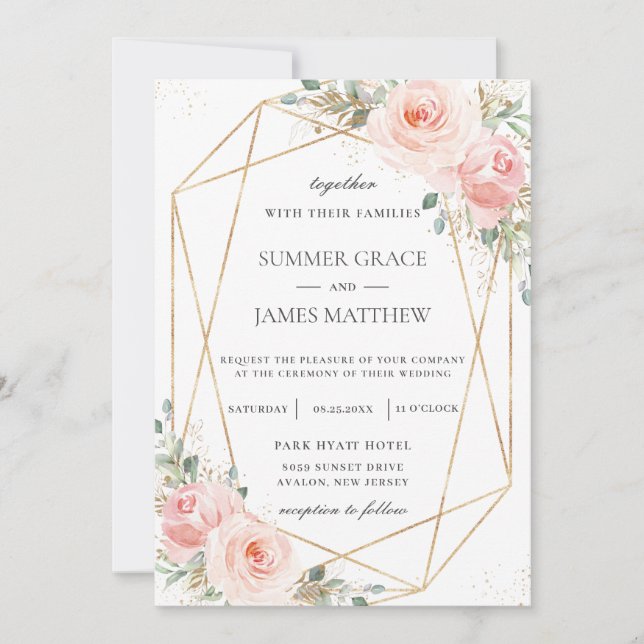 Invitation Mariage géométrique Chic Blush Rose Floral Gold  (Devant)