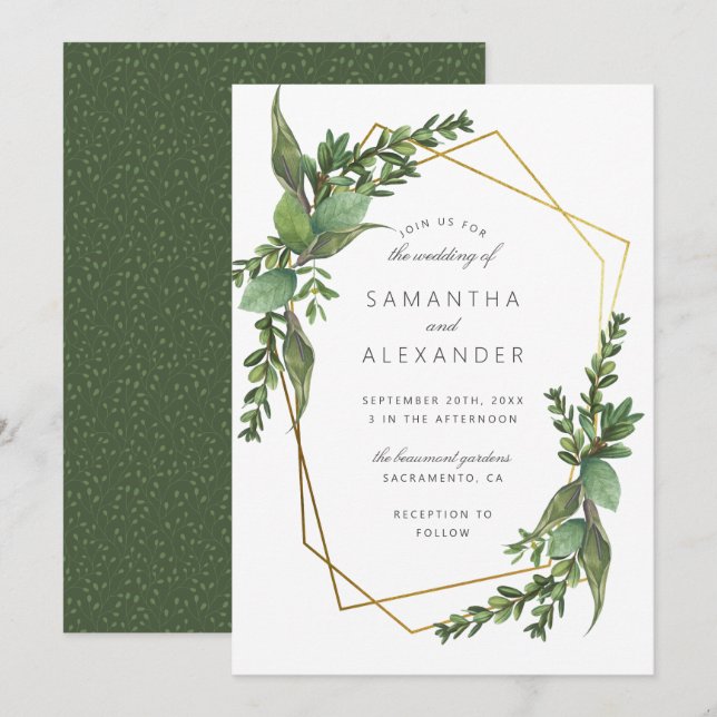 Invitation Mariage géométrique chic Botanique et Gold (Devant / Derrière)