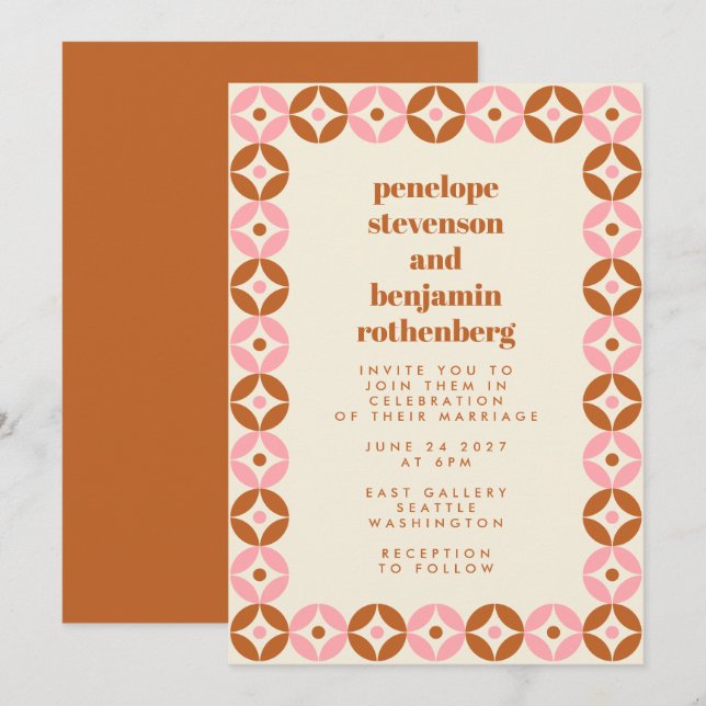 Invitation Mariage géométrique chic rose et rouille moyen (Devant / Derrière)