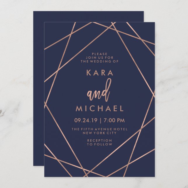 Invitation Mariage géométrique de bleu marine de l'or rose | (Devant / Derrière)