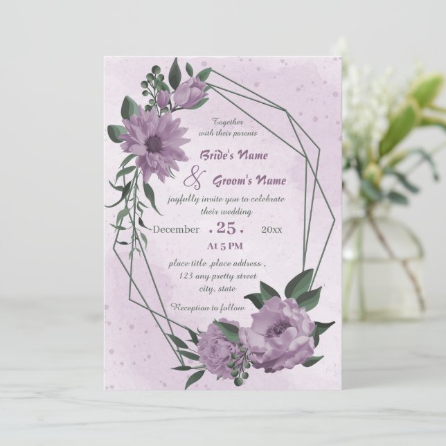 Invitation mariage géométrique de fleurs violettes (Debout devant)