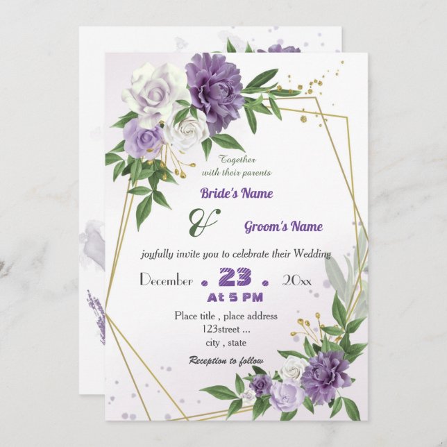 Invitation mariage géométrique de fleurs violettes romantique (Devant / Derrière)