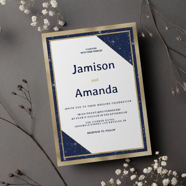 Invitation Mariage géométrique de parties scintillant bleu ma (White gold navy blue glitter geometric Wedding )