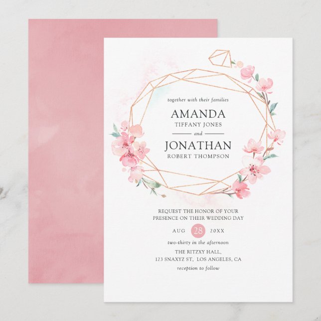 Invitation Mariage géométrique de printemps à fleurs de ceris (Devant / Derrière)