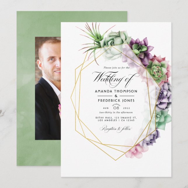 Invitation Mariage géométrique de succulente à l'aquarelle Ph (Devant / Derrière)