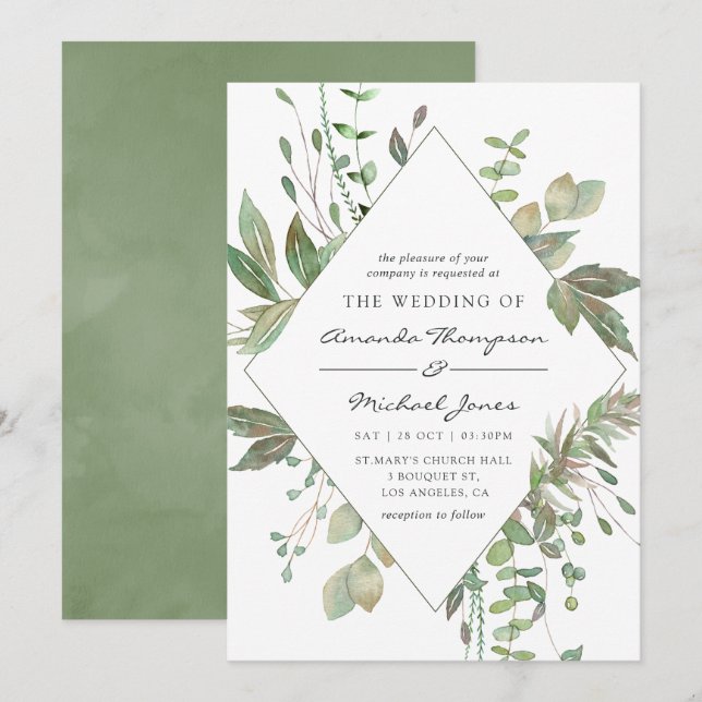 Invitation Mariage Géométrique de Verdure (Devant / Derrière)