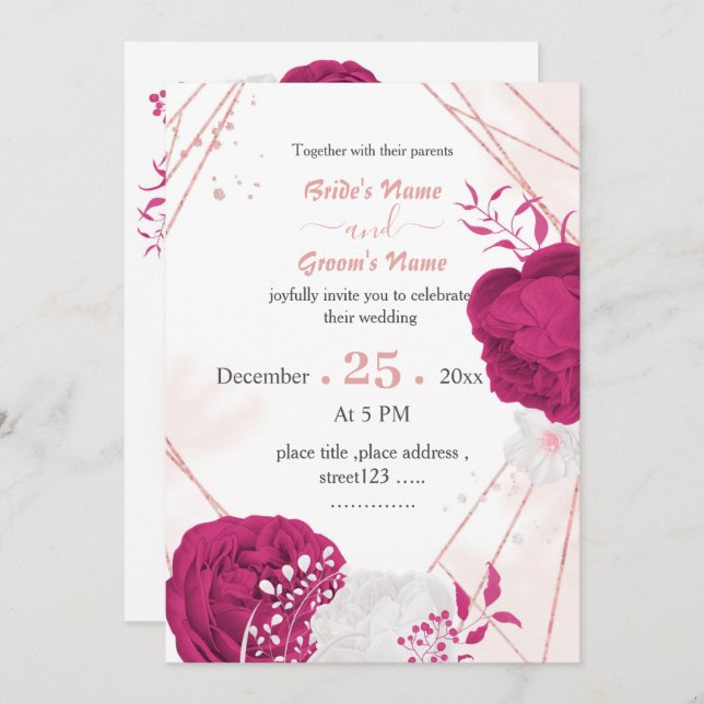 Invitation mariage géométrique des fleurs blanches fuchsia (Devant / Derrière)
