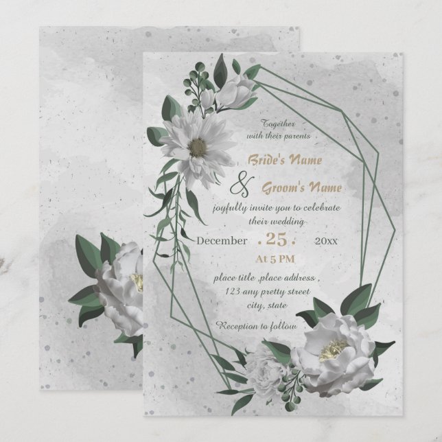 Invitation mariage géométrique des fleurs blanches romantique (Devant / Derrière)