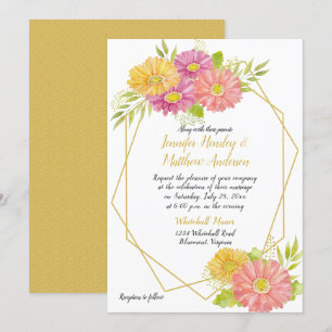 Invitation Mariage géométrique des marées de Gerbera rose et