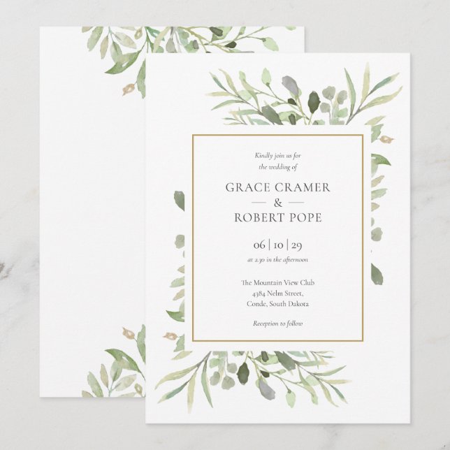 Invitation Mariage géométrique doré à feuillage botanique (Devant / Derrière)