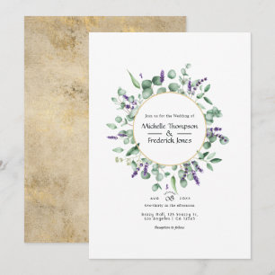 Invitation Mariage géométrique doré au eucalyptus et lavande