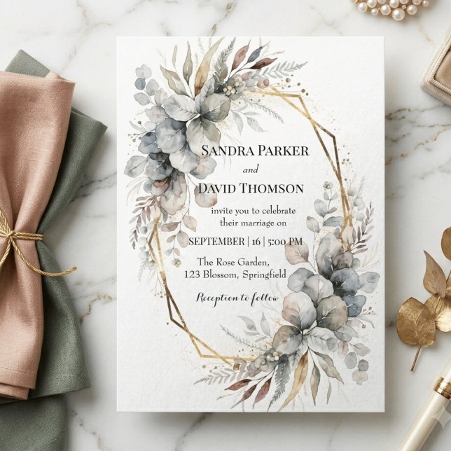 Invitation Mariage géométrique doré avec végétation aquarelle (Créateur téléchargé)