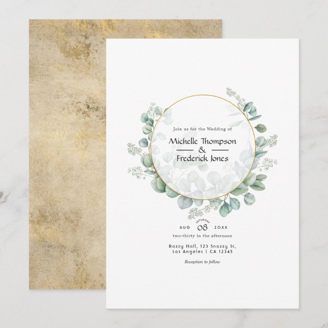 Invitation Mariage géométrique doré Eucalyptus (Devant / Derrière)