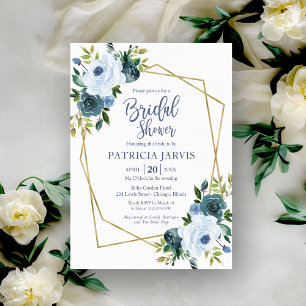 Invitation Mariage géométrique doré floral bleu poussiéreux