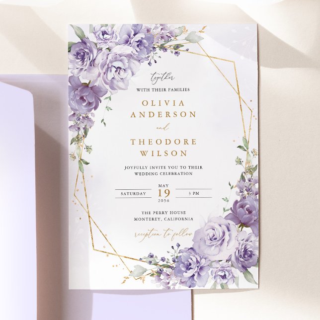 Invitation Mariage Géométrique Doré Floral Lavande (Lavender Floral Gold Geometric Wedding Invitation, elegant purple rose wedding invite stationery)