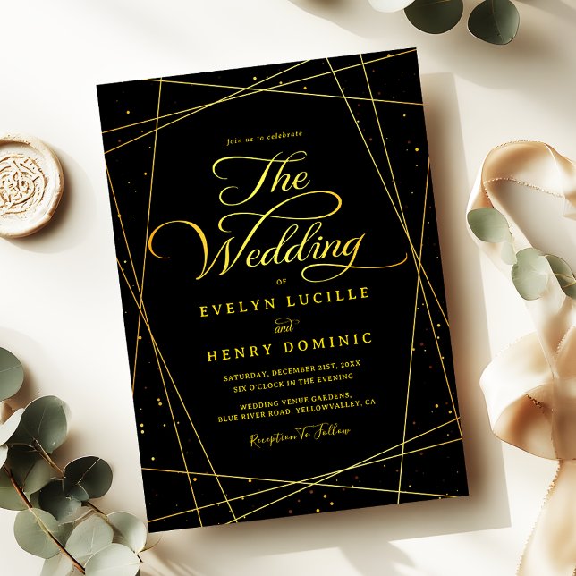 Invitation Mariage géométrique doré Luxe cravate noire (Créateur téléchargé)