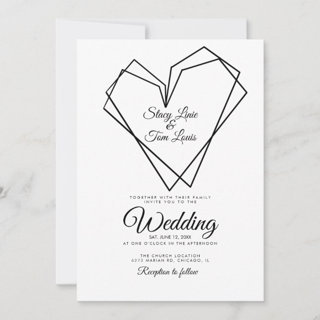 Invitation Mariage Géométrique Double Cœurs Noir Moderne (Devant)