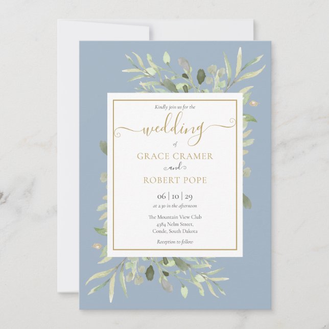 Invitation Mariage géométrique écriture or bleu poussiéreux v (Devant)