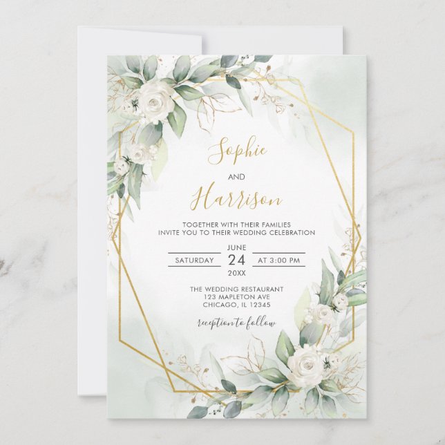 Invitation Mariage géométrique Elegant Sage et Gold Greenery (Devant)