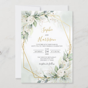Invitation Mariage géométrique Elegant Sage et Gold Greenery
