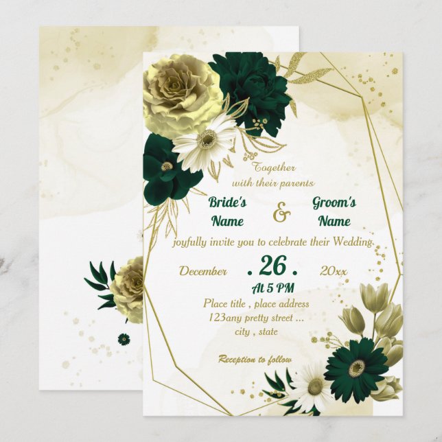 Invitation Mariage géométrique émeraude vert ivoire or floral (Devant / Derrière)