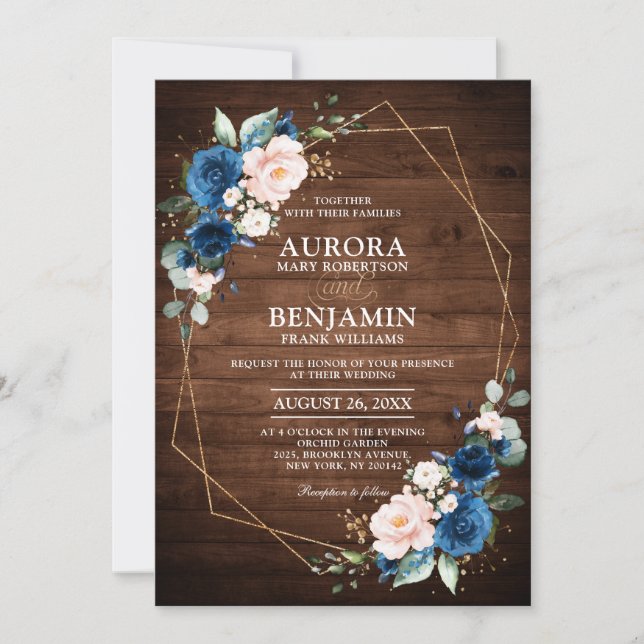 Invitation Mariage géométrique en bois rustique bleu marine (Devant)