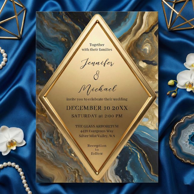 Invitation Mariage géométrique en marbre d'agate bleu sarcell (Créateur téléchargé)