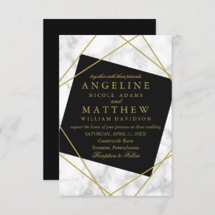 Invitation Mariage géométrique en marbre noir et or Faux