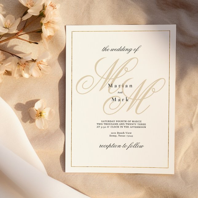 Invitation Mariage géométrique en or blanc monogramme (Geometrical white gold monogram initials Wedding )