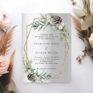 Invitation Mariage géométrique en pin cône argenté verdure or