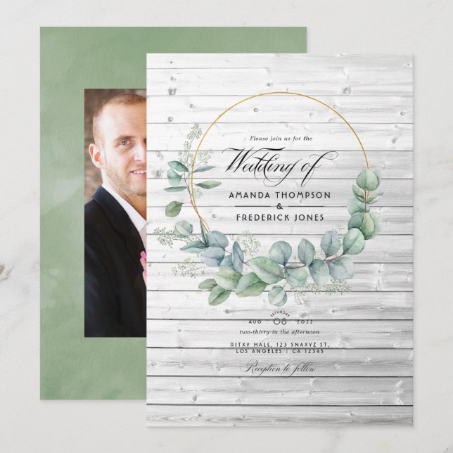 Invitation Mariage géométrique eucalyptus de grange rustique  (Devant / Derrière)