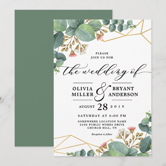 Invitation Mariage géométrique Eucalyptus Gold (Devant / Derrière)