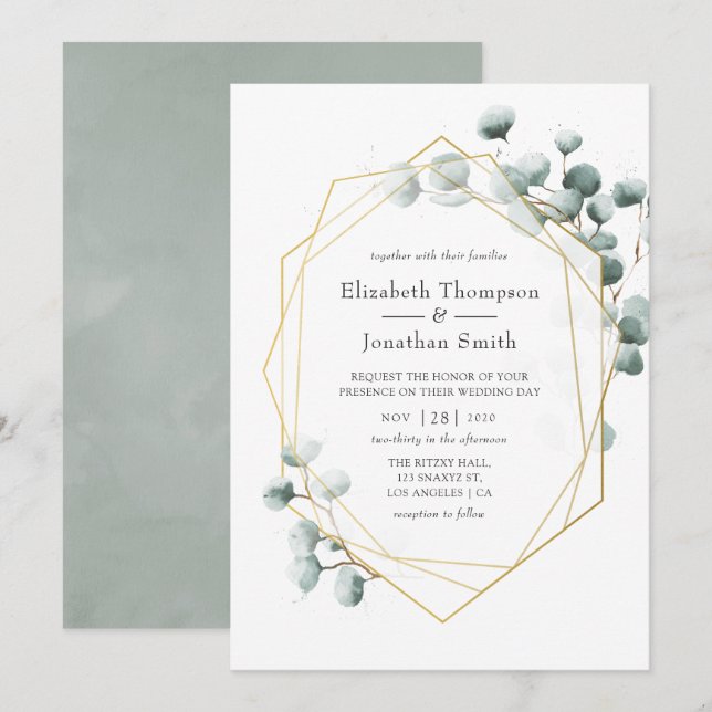 Invitation Mariage géométrique Eucalyptus Silver Sage (Devant / Derrière)