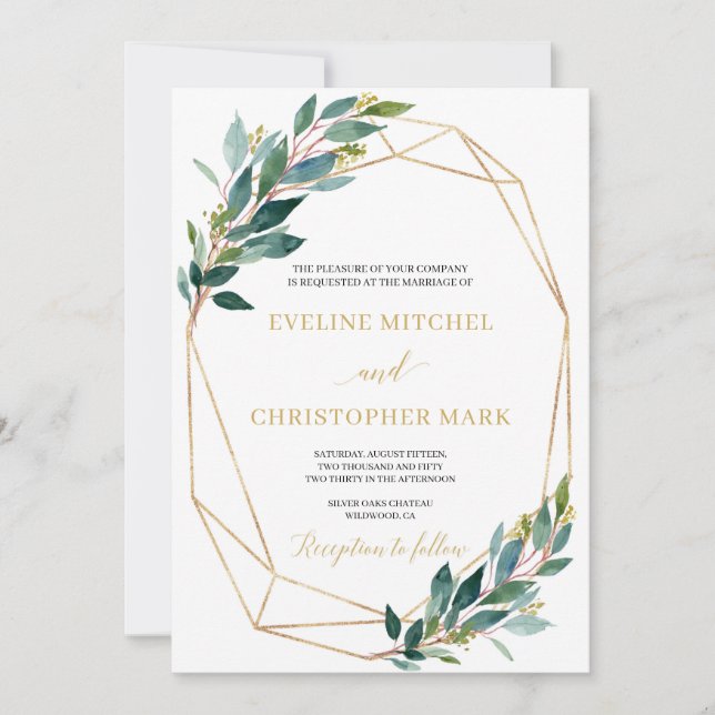 Invitation Mariage géométrique feuille d'eucalyptus vert (Devant)