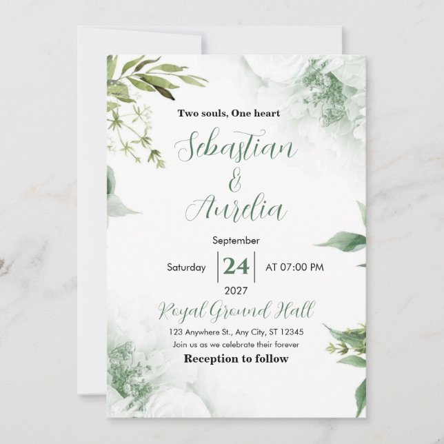 Invitation Mariage Géométrique Feuilles de Eucalyptus Vert Vé (Devant)