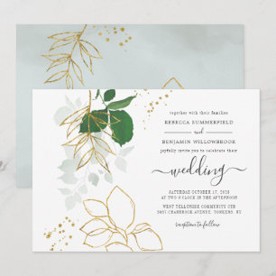 Invitation Mariage Géométrique Feuilles Dorées Eucalyptus
