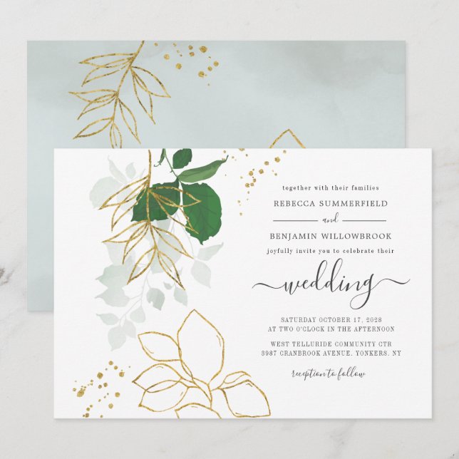 Invitation Mariage Géométrique Feuilles Dorées Eucalyptus (Devant / Derrière)