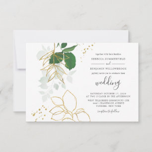 Invitation Mariage Géométrique Feuilles Dorées Eucalyptus Ver