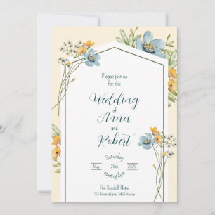 Invitation Mariage géométrique Fleur sauvage bleu et jaune