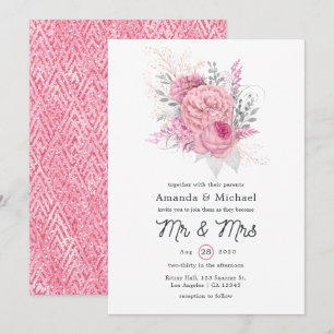 Invitation Mariage géométrique floral à paillettes roses et a
