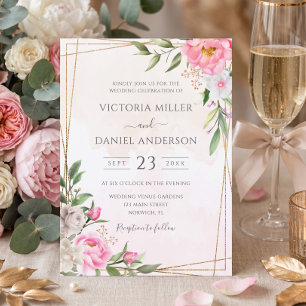Invitation Mariage géométrique floral aquarelle rose or
