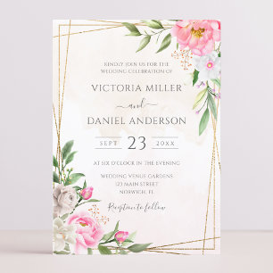 Invitation Mariage géométrique floral aquarelle rose or