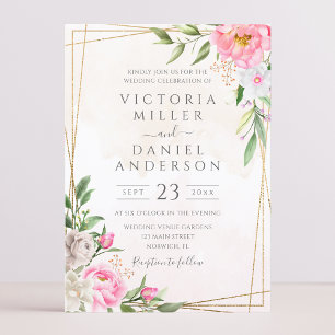 Invitation Mariage géométrique floral aquarelle rose or