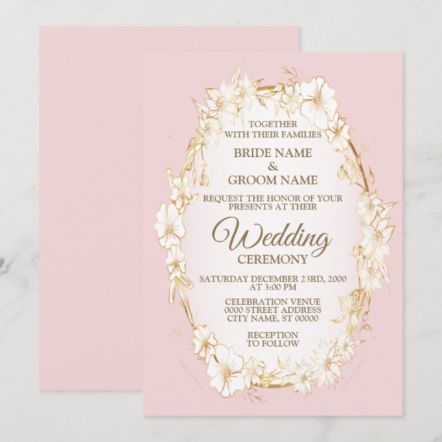Invitation Mariage Géométrique Floral Blanc Doré Rustique  (Devant / Derrière)