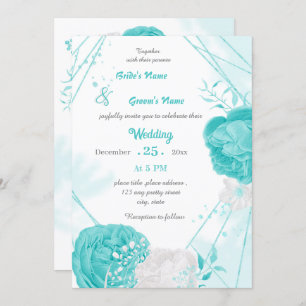 Invitation mariage géométrique floral blanc turquoise