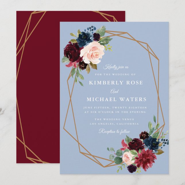 Invitation Mariage géométrique floral bleu bordeaux et roux (Devant / Derrière)
