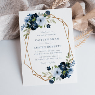 Invitation Mariage géométrique floral bleu clair et marine